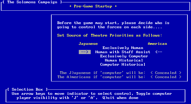 Pacific Storm: The Solomon's Campaign - Operations in the South Pacific, 1942-1943 IBM PC/Compatibles Screenshot: Pre-Game startup menu.
