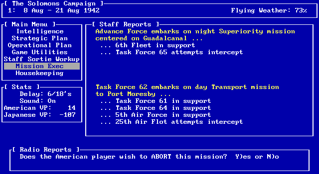 Pacific Storm: The Solomon's Campaign - Operations in the South Pacific, 1942-1943 IBM PC/Compatibles Screenshot: The mission isn't going well...do you wish to abort?