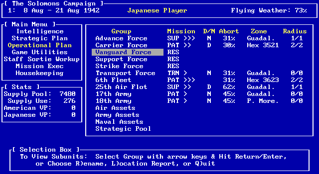 Pacific Storm: The Solomon's Campaign - Operations in the South Pacific, 1942-1943 IBM PC/Compatibles Screenshot: Operational Plan menu.