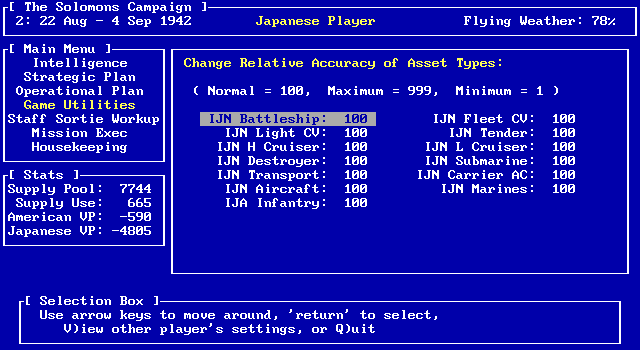 Pacific Storm: The Solomon's Campaign - Operations in the South Pacific, 1942-1943 IBM PC/Compatibles Screenshot: Changing a few game parameters.