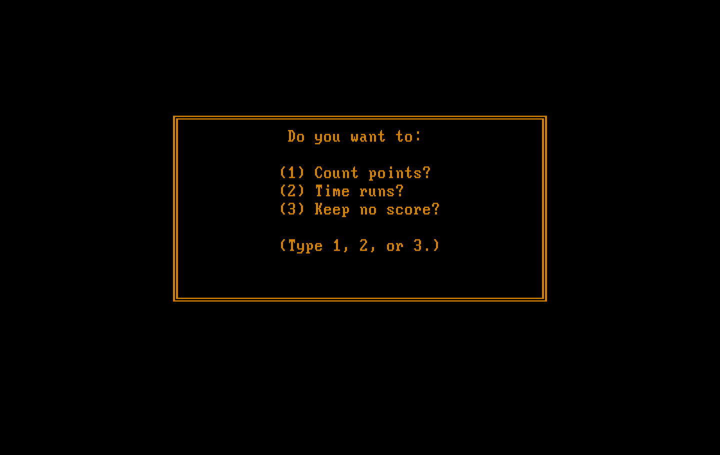 One Hundred and One Monochrome Mazes IBM PC/Compatibles Screenshot: What type of scoring do you want?