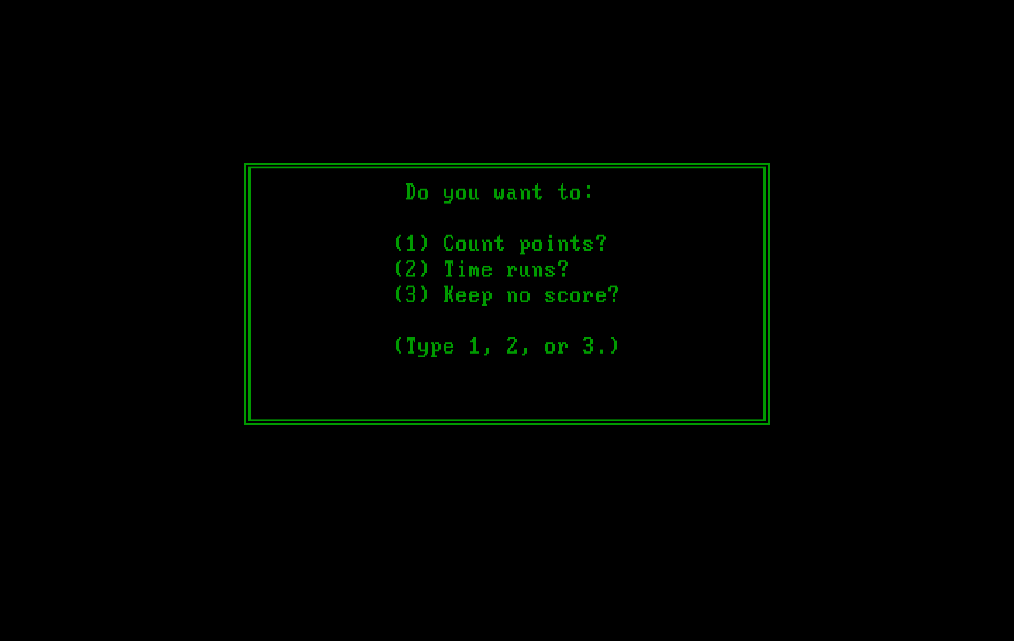 One Hundred and One Monochrome Mazes IBM PC/Compatibles Screenshot: What type of scoring do you want?