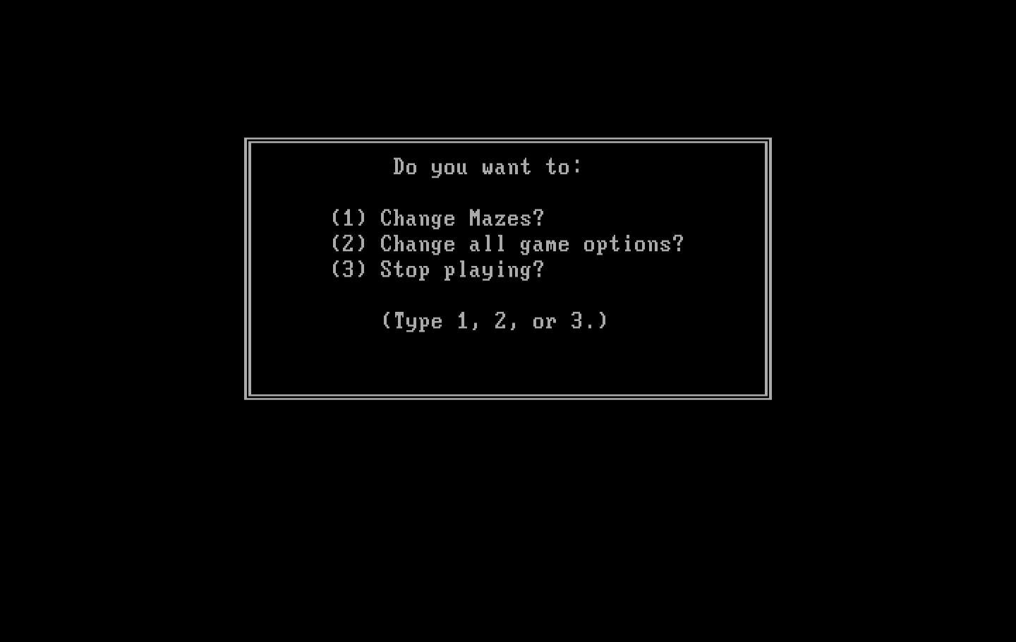 One Hundred and One Monochrome Mazes IBM PC/Compatibles Screenshot: After trying a maze you can optionally change game settings.