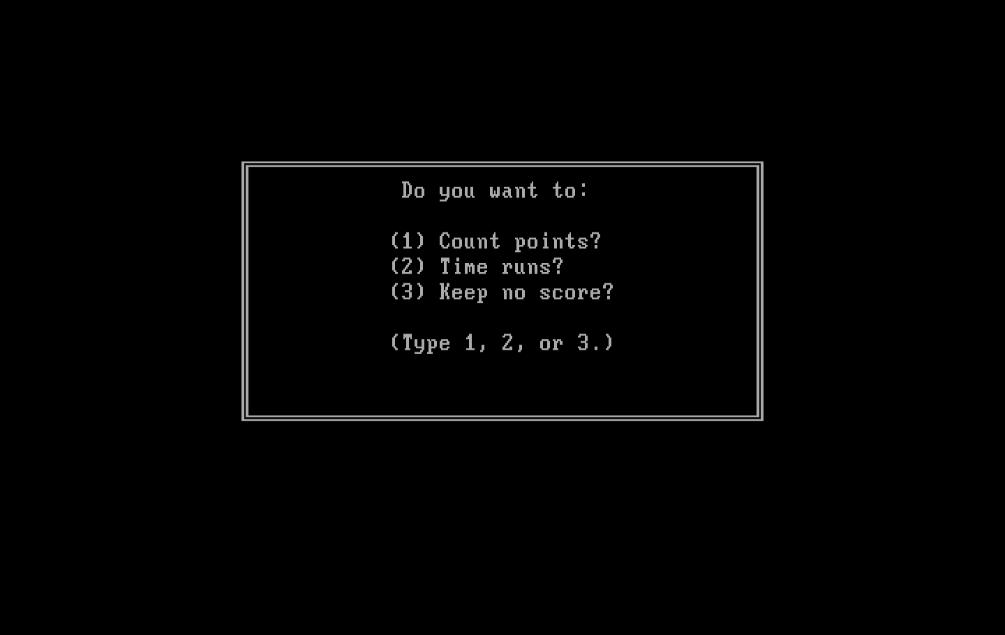 One Hundred and One Monochrome Mazes IBM PC/Compatibles Screenshot: What type of scoring do you want?
