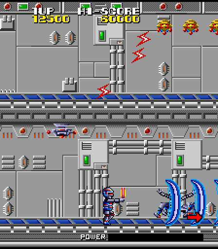 Galivan: Cosmo Police Arcade Screenshot: Powered up with an impressive weapon!