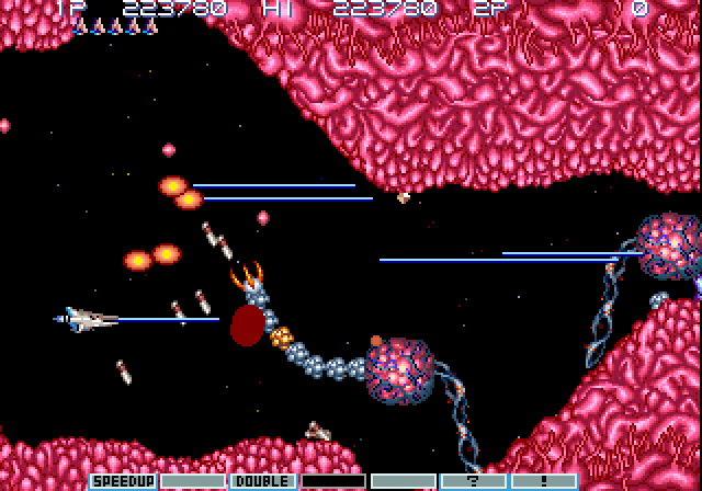 Gradius III Arcade Screenshot: Entering a dangerously narrow area...