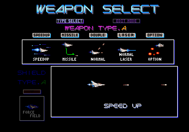 Gradius III Arcade Screenshot: You can select from several different weapons configurations.