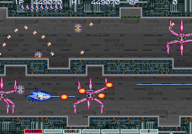 Gradius III Arcade Screenshot: Trapped! I'll need a different strategy to get through here...