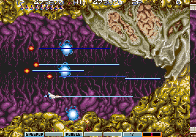 Gradius III Arcade Screenshot: This thing looks like the brains of the enemy operation.