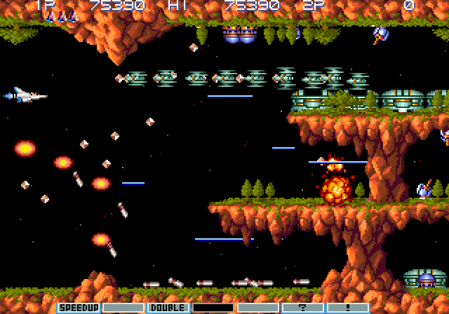 Gradius III Arcade Screenshot: Entering a cave...there may be dead ends here, so be careful!