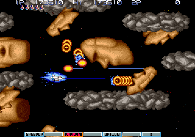Gradius III Arcade Screenshot: The Moai heads make another appearance...