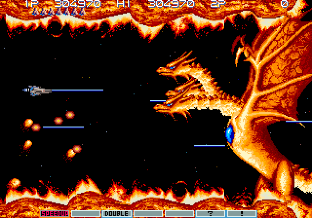 Gradius III Arcade Screenshot: Time to fight the three-headed dragon Wyvern...