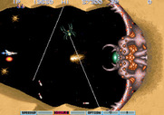 Gradius III for Arcade - Approaching the first end of level boss.