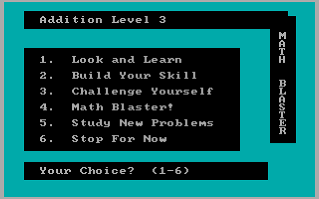 Math Blaster! IBM PC/Compatibles Screenshot: Addition main menu.