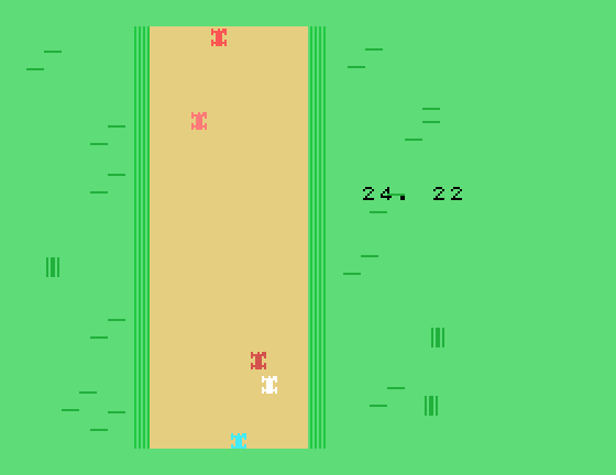 Speed Race TI-99/4A Screenshot: Driving, but don't crash!