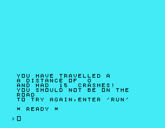Speed Race TI-99/4A Screenshot: Game over.