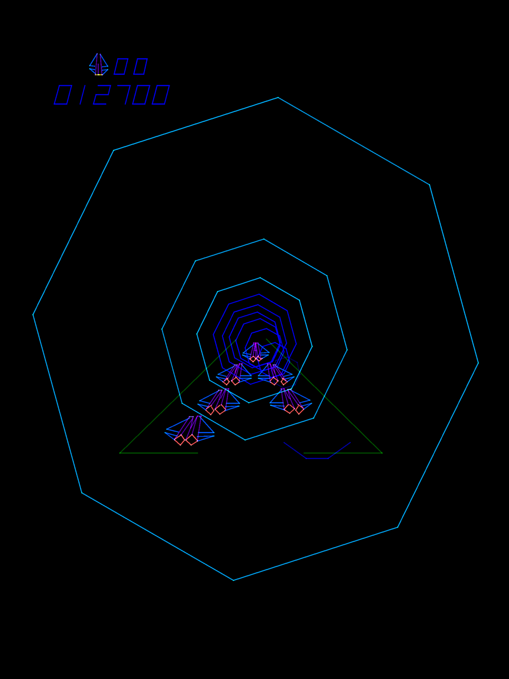Tac/Scan Arcade Screenshot: Fly through the tunnel without hitting the walls...The green path guides you along...