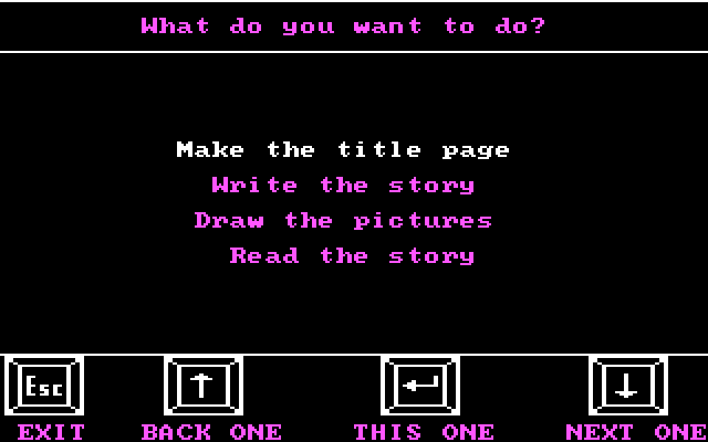 Story Maker IBM PC/Compatibles Screenshot: The main story menu.
