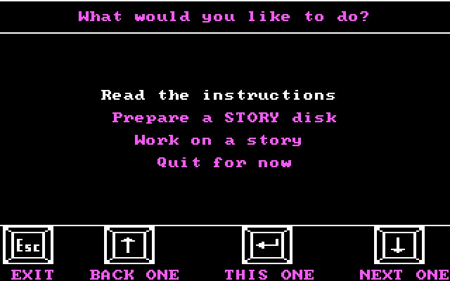 Story Maker IBM PC/Compatibles Screenshot: The main disk menu.