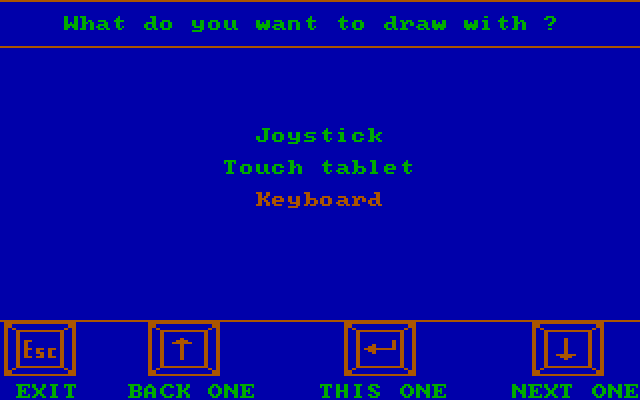 Story Maker IBM PC/Compatibles Screenshot: I can choose an input device for drawing pictures.