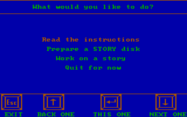 Story Maker IBM PC/Compatibles Screenshot: The main disk menu.