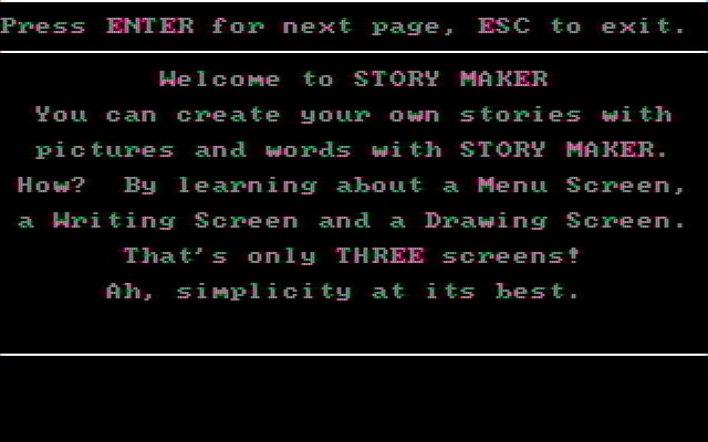 Story Maker IBM PC/Compatibles Screenshot: Welcome to Story Maker! This is the start of the instructions...