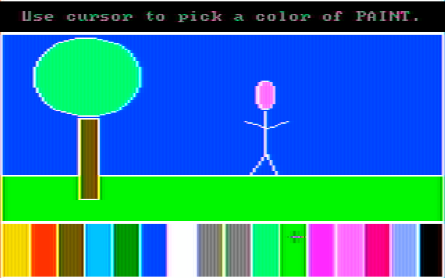 Story Maker IBM PC/Compatibles Screenshot: Lines are always drawn white, but you can pick from several colors to paint.