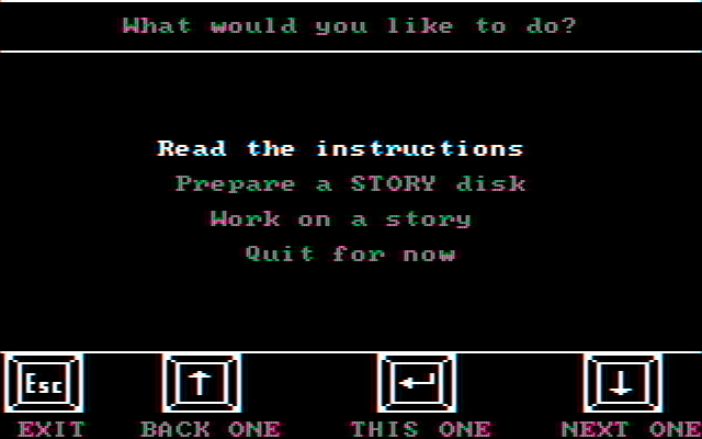 Story Maker IBM PC/Compatibles Screenshot: The main disk menu.