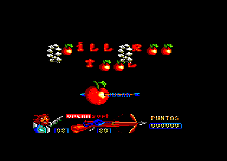 Guillermo Tell Amstrad CPC Screenshot: The game title begins as apples that are shot and form letters.