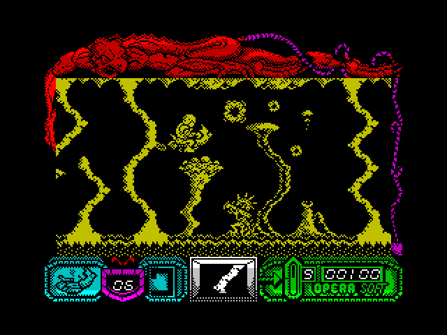 Mutan Zone ZX Spectrum Screenshot: Dodge enemy fire while flying through here!