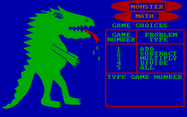 Monster Math IBM PC/Compatibles Screenshot: The main menu.
