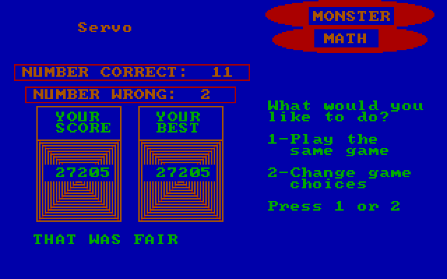 Monster Math IBM PC/Compatibles Screenshot: Game over; play again?