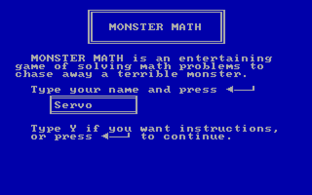 Monster Math IBM PC/Compatibles Screenshot: Enter your name, and select if you want to view instructions.