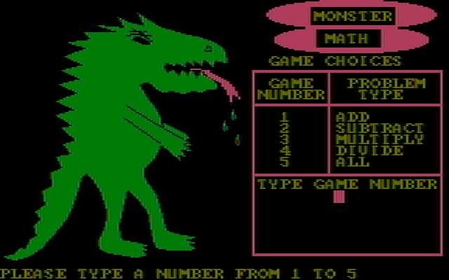 Monster Math IBM PC/Compatibles Screenshot: Main menu.
