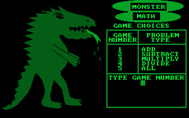 Monster Math IBM PC/Compatibles Screenshot: Main menu.