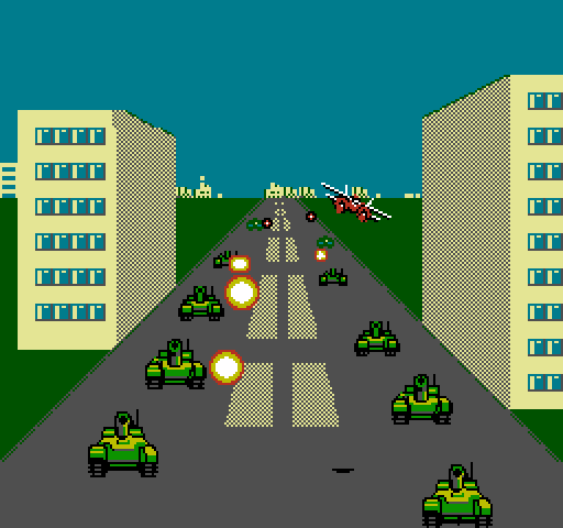 F-15 City War NES / Famicom Screenshot: Two rows of tanks attack now...