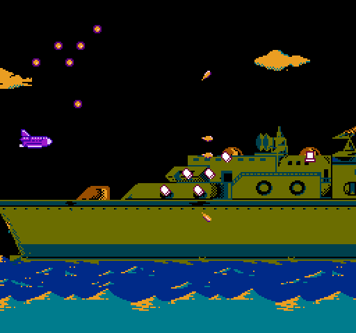 Double Strike NES / Famicom Screenshot: Attacking a huge, end of level boat...