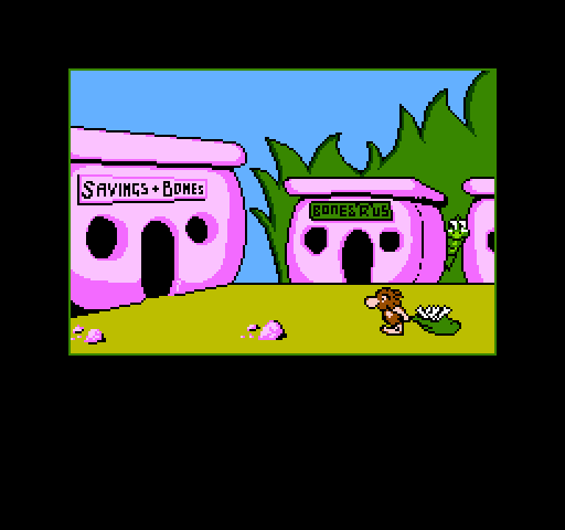 Big Nose Freaks Out NES / Famicom Screenshot: Introduction; Big Nose visits the Savings & Bones to make a deposit...