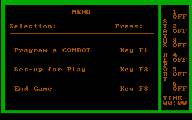 Combots IBM PC/Compatibles Screenshot: The main menu.