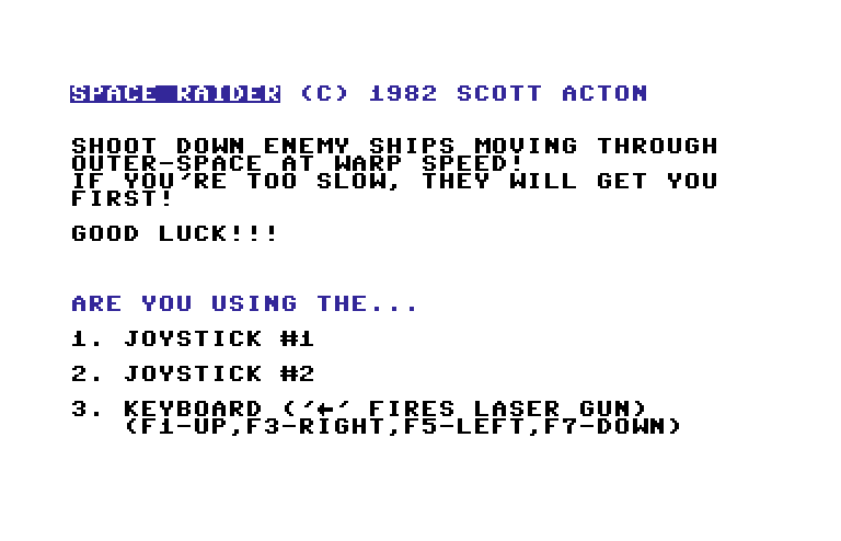 Space Raider Commodore 64 Screenshot: Title screen and instructions.