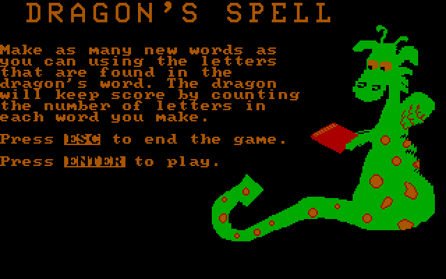 Wizard of Words IBM PC/Compatibles Screenshot: Dragon's Spell instructions.