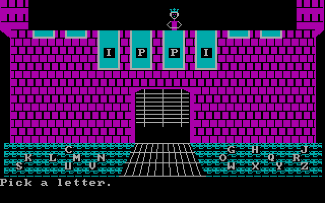 Wizard of Words IBM PC/Compatibles Screenshot: I found a few letters, but the gate is almost closed!