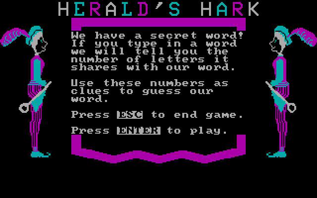 Wizard of Words IBM PC/Compatibles Screenshot: Herald's Hark instructions.