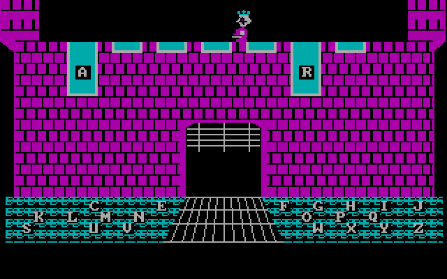 Wizard of Words IBM PC/Compatibles Screenshot: Trying another word...the knight walks over to a banner to reveal the letter location.