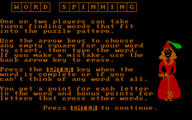 Wizard of Words IBM PC/Compatibles Screenshot: Word Spinning instructions.
