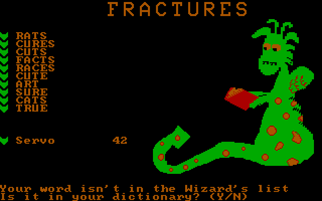 Wizard of Words IBM PC/Compatibles Screenshot: If the game can't find your word, it allows you to overide it if you think it's a real word.