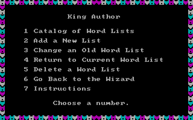 Wizard of Words IBM PC/Compatibles Screenshot: The King Author menu lets you customize some game settings.