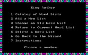 Wizard of Words for IBM PC/Compatibles - The King Author menu lets you customize some game settings.