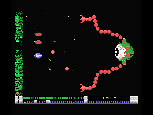 Nemesis 3: The Eve of Destruction MSX Screenshot: Destroy the giant eye!