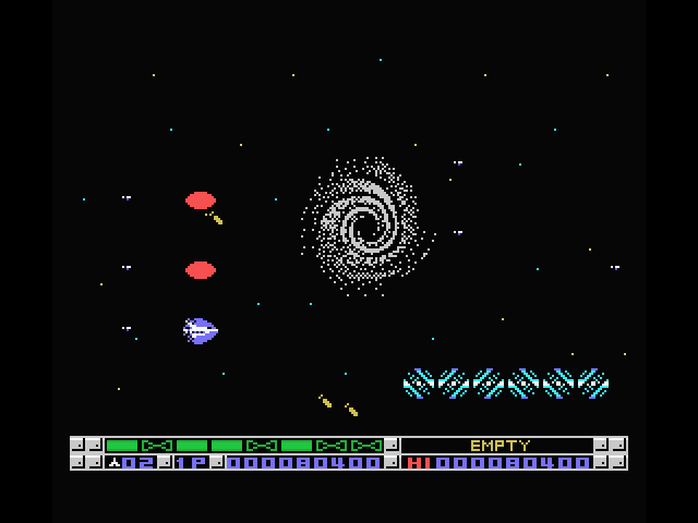 Nemesis 3: The Eve of Destruction MSX Screenshot: At the start of most stages enemy formations appear providing an easy opportunity to power up your ship.